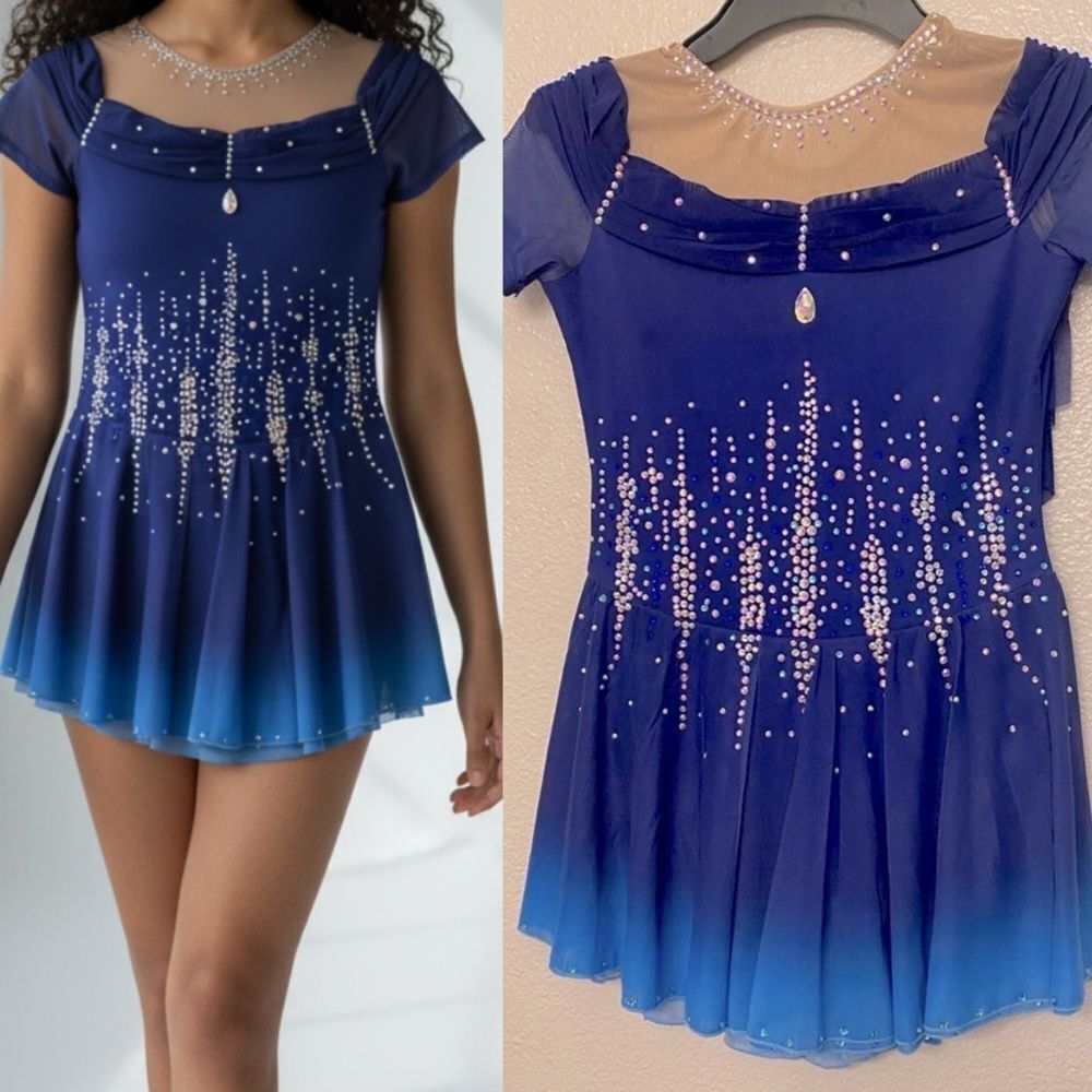 Custom solo dance ice skating ballet costume blue ombre rhinestoned dress LC